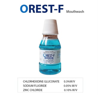 OREST-F Mouthwash – Chlorhexidine, Sodium Fluoride & Zinc Chloride formula for cavity protection.