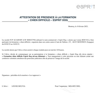 Attestation de présence formation chien difficile Esprit Dog Pro