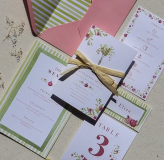 full wedding suite pink and green colors wedding invitation dinner menu flowers