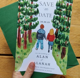 a save the date of a couple walking in the woods