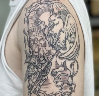 a man with a tattoo on his arm. Line art tattoo of mythology griffin fight