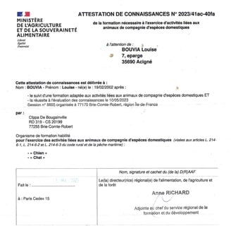 Attestation de connaissances des animaux de compagnie et d'espèces domestiques