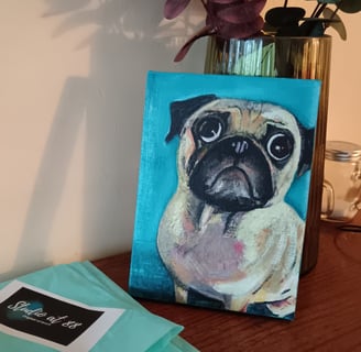 A painting of a dog, pet portrait, pug painting
