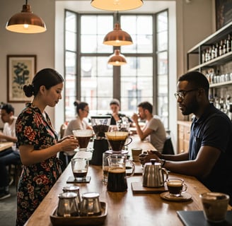 a man and woman are standing at a bar