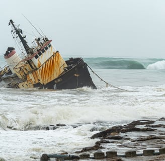 Shipwreck with perfect wave rolling on the back