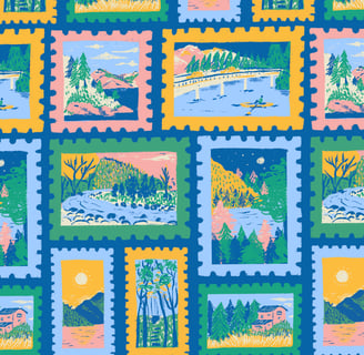 a quilter with a picture of a mountain scene
