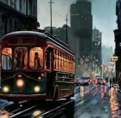 a painting of a trolley in the middle of a city, by night, art by Henri Tavares