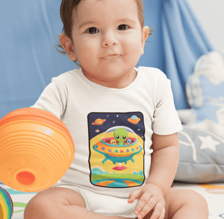 a baby in a white printed onesie and a toy