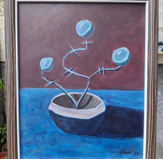 a painting of a vase with blue flowers