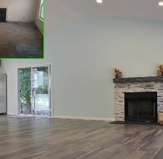 a before and after of a living room with a fireplace