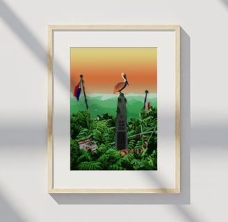 Framed print of a jungle scene with monument and pelican