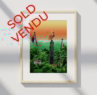 Framed print of a jungle scene with monument and pelican