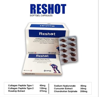 Collagen Peptides type 1, Collagen Peptides type 2, Rosehip Extract, Reshot by Captab Biotec.