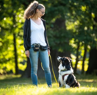 Toni und Hund auf Wiese im Blickkontakt – achtsames Miteinander im Grünen