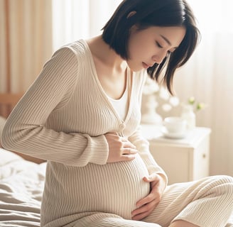 妊娠中の女性がベッドでお腹を優しく抱える安心感のあるイメージ写真