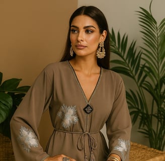 a woman in a brown dress with a large flowered dress