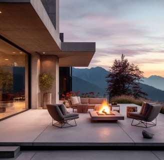 patio and fire pit of a luxury holiday home in the Alps