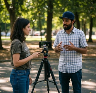 Photo of a young woman interviewing a man with her smartphone.