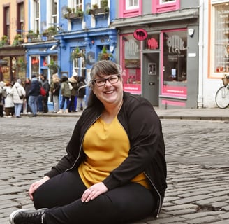 Laura is laughing at the camera sat on a cobbled street with her legs curled up under her