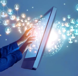 Person interacts with a tablet's touchscreen as holographic avatar icons enter the screen and exit from the back, face unseen