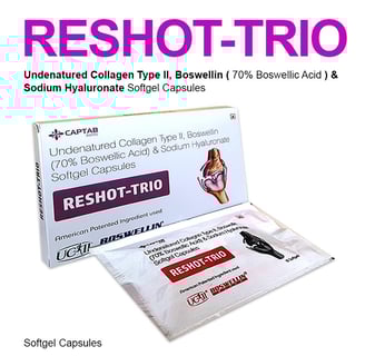 Undenatured Collagen type 2, UC2, Boswelin, Boswellic acid, sodium hyaluronate, Reshot Trio Softgel 
