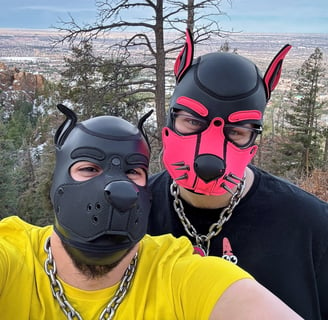 A couple posing in pup masks in the mountains.