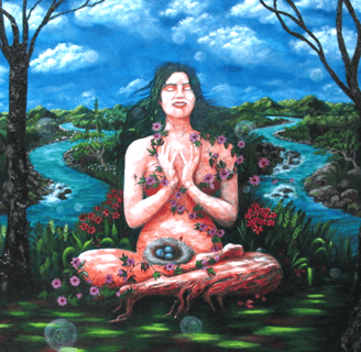 woman sitting under trees