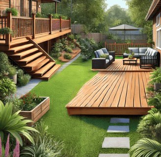 Portrait view of a backyard with a 14x20 elevated deck and a smaller 10x10 floating deck, showcasing