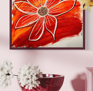 original painting white flower black outline, red background