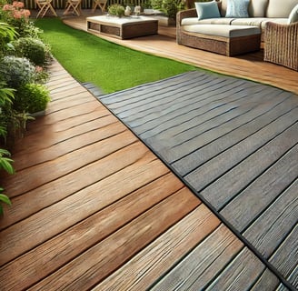 Portrait view of two deck materials: rustic pressure-treated wood and sleek composite decking