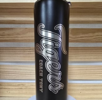tumbler with silver laser engraving reading "Tigers" – San Antonio