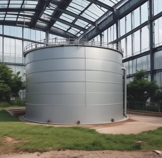 Two large, cylindrical water storage tanks are situated in a field of dry, golden grass. The sun is setting or rising in the background, casting a warm light across the landscape. Trees and other vegetation can be seen in the distance under a clear blue sky.