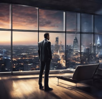 a business man in a suit standing in front of a large window