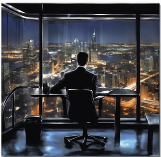 um homem de negócios sentado em sua mesa com vista para cidade