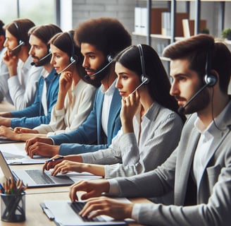 a group of people sitting at a table with headsets and headsets