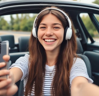 Niña haciendose un selfie para RRSS sonriendo con los cascos puestos