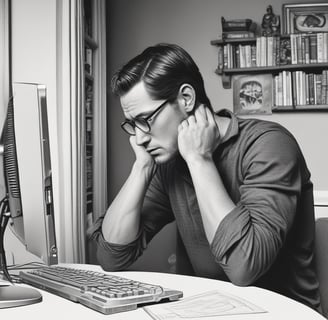 a man sitting at a desk with a computer and a keyboard