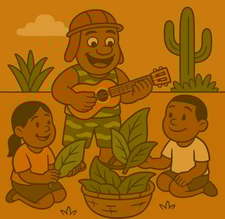Crianças e homem com chapéu aprendem sobre plantas enquanto tocam violão ao ar livre