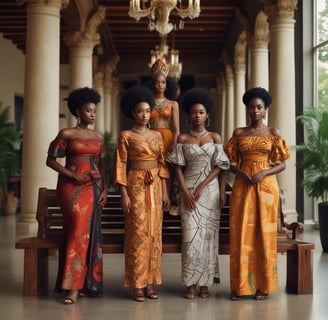 A group of six women wearing vibrant, flowing outfits stand confidently around a wooden bench in a modern indoor setting with high ceilings and large pillars. The women are posed elegantly with varied hairstyles and expressions, conveying a sense of strength and elegance.