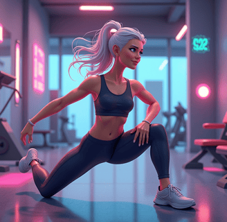 a woman exercising in a gym, 3d digital art style