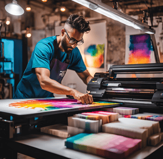 Step-by-step illustration of the T-shirt printing process, showing design transfer from a printer to