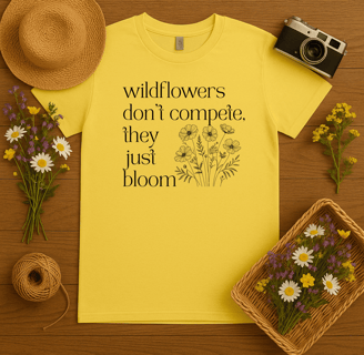 yellow t-shirt mockup. The background is a wooden floor with a hat, camera, and wildflower accents.