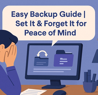 Overwhelmed man at home office setting up backup on computer with digital handyman tech help.