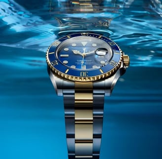 Rolex Submariner with a blue dial and gold accents, showcasing luxury and precision.