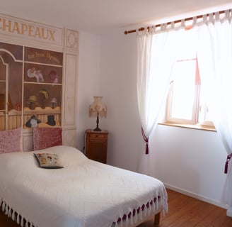 Chambre d'hôtes thème les chapeaux anciens, fresque peinte sur un mur intérieur en tête de lit
