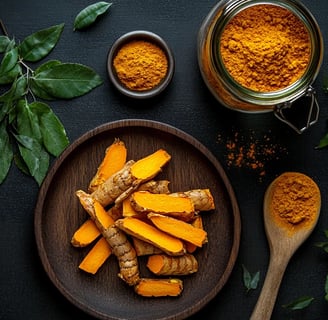 Mesa rústica vista de cima, um prato com lascas de cúrcuma e alguns potes com cúrcuma em pó