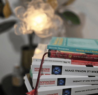 Livres de thérapie et objets symboliques illustrant l’ancrage, la rigueur et l’intuition réunis