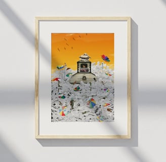 Framed print of St. Maarten Courthouse covered in sunbeds