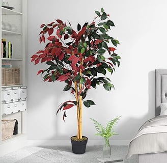 Ficus Artificial con Troncos Naturales, Flores Artificiales Decoración con 504 Hojas Rojas y Verdes 