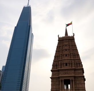ancient temples existing next to skyscrapers